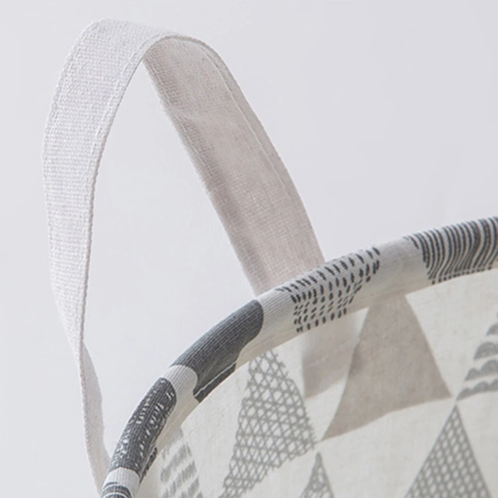 Round Foldable Large Laundry Basket With Handles Grid Stripe Print Durable Linen Cotton Dirty Clothes Holder Storage Organizer