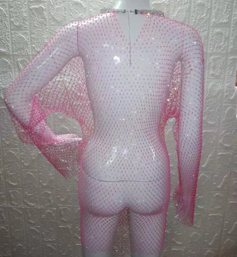 VIKINII Long Sleeve Hollow Summer Beach Crystal Dress 2020 Sexy Women Cover Ups Rhinestone Dresses Gold Beach Female Cover Ups