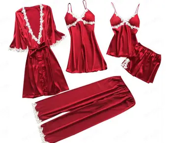 

5 Pieces Pjs Women Pajamas Sets Satin Sleepwear Pink Silk Nightwear Pyjama Sexy Lingerie Lace Sleep Lounge Home Pijama Mujer