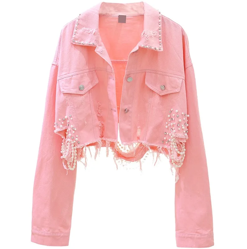Pink Осенняя уличная одежда, розовый, белый цвет, женская джинсовая куртка, пальто с бисером и дырками, короткие женские джинсовые куртки с длинным рукавом, свободная ковбойская одежда - Цвет: Pink