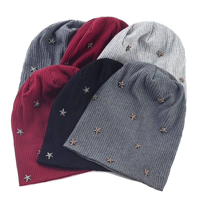 Geebro Women Star Ribbed knitted Cotton skullies Beanie Casual Soft Design Solid Bonnets hat Ladies Slouchy Hat Wholesale 2