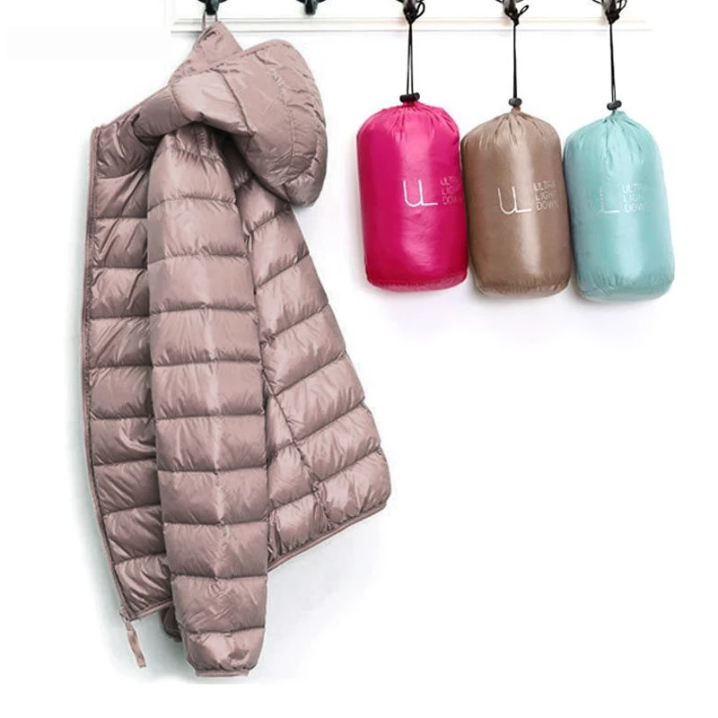 Winter Women Ultralight Thin Down Jacket White Duck Hooded Jackets Long Sleeve Warm Coat Parka Female Portable Outwear | Женская одежда