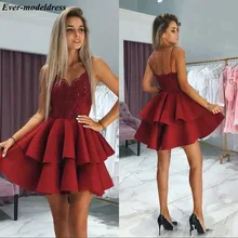 Бордовые короткие платья для выпускного Кружевные Аппликации Спагетти ремни открытая спина многоуровневые мини-платья на выпускной бал платья