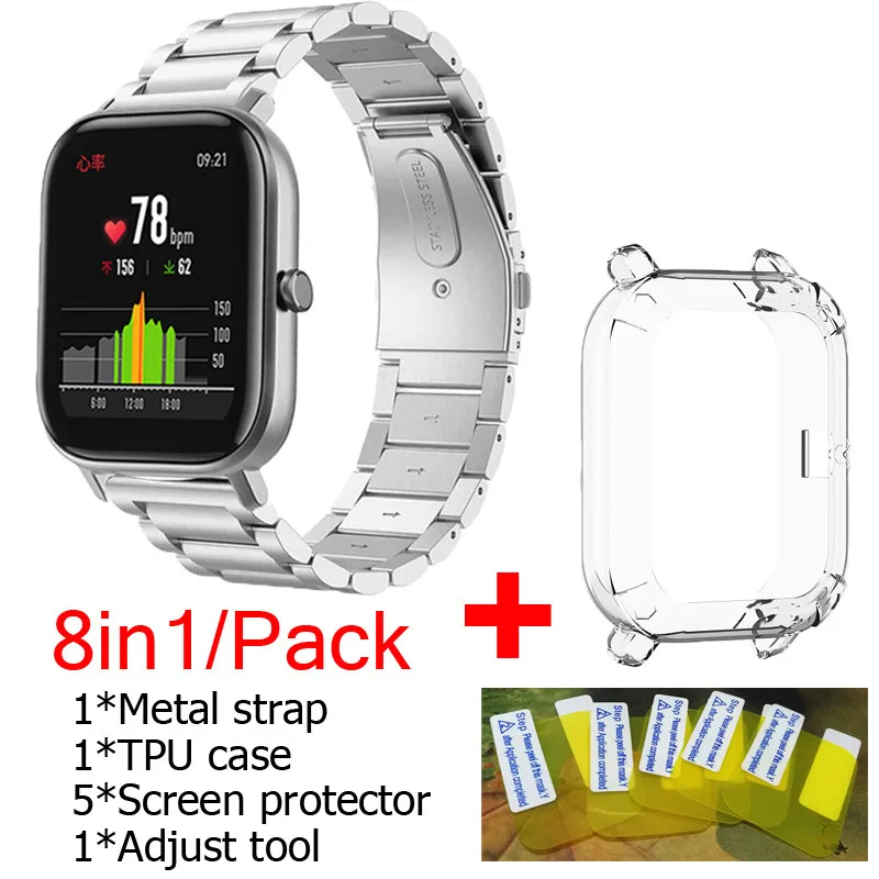 Браслет Для Xiaomi Huami amazfit GTS металлический ремешок из нержавеющей стали Смарт-часы браслет ТПУ чехлы накладки Защитная пленка для экрана - Цвет: silver-clear