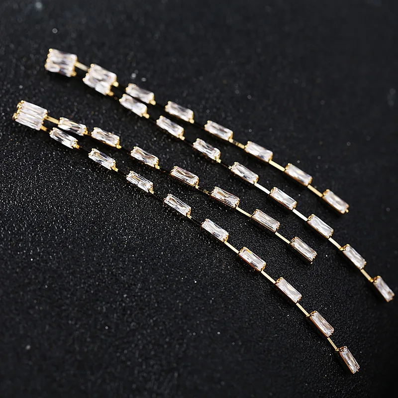 

USTAR Cubic Zirconia Long Tassel Drop Earring For Women Gold Silver Dangle Earring Rectangle Rhinestone Silver Needle Brincos
