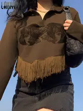 Y2K Cartoon Graphic Print Tassel Pullovers Harajuku Cropped Sweatshirts Brown Stitch Chic Top 2022Long Sleeve Button Hoodie New