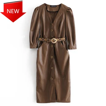 

Women Elegant Three Quarter PU Leather Dresses Female Ladies V Neck Dresses Women Fashion Tie Belt Waist Dress