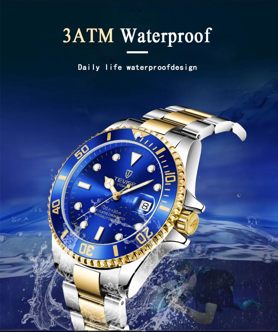 TEVISE часы с зеленой водой, мужские роскошные механические часы со стальным ремешком, водонепроницаемые автоматические часы, деловые часы T801