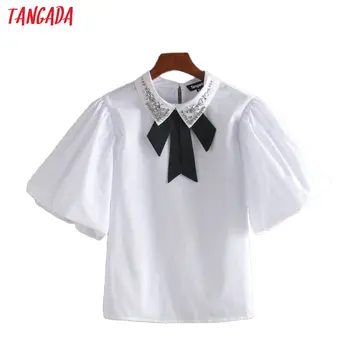 

Tangada women beading bow tie white cotton shirts summer short sleeve female school style sweet blouses CE201