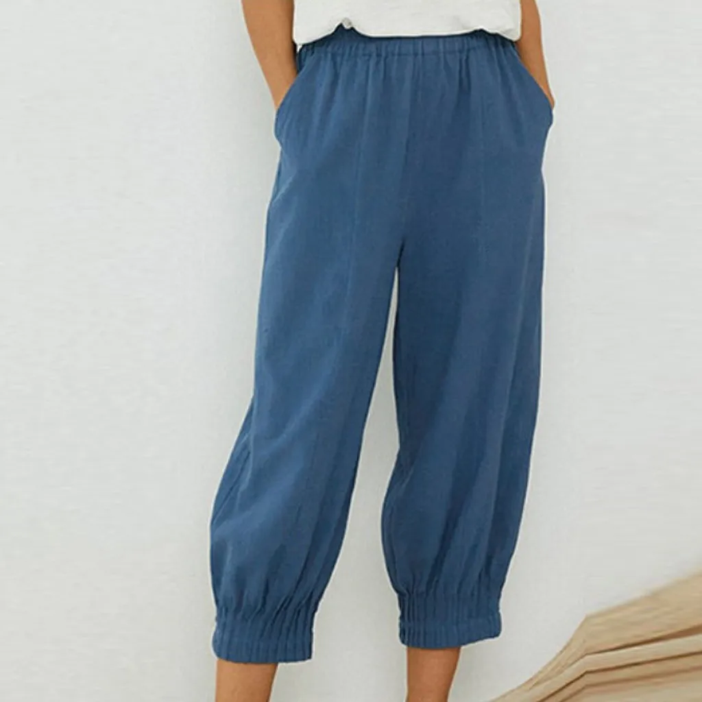 Women Pure Color capris High Waist summer Women Pleated Hem Pants Cotton Linen Trousers Loose Pants Women Pure Color capris High Waist summer Women Pleated Hem Pants Cotton Linen Trousers Loose Pants