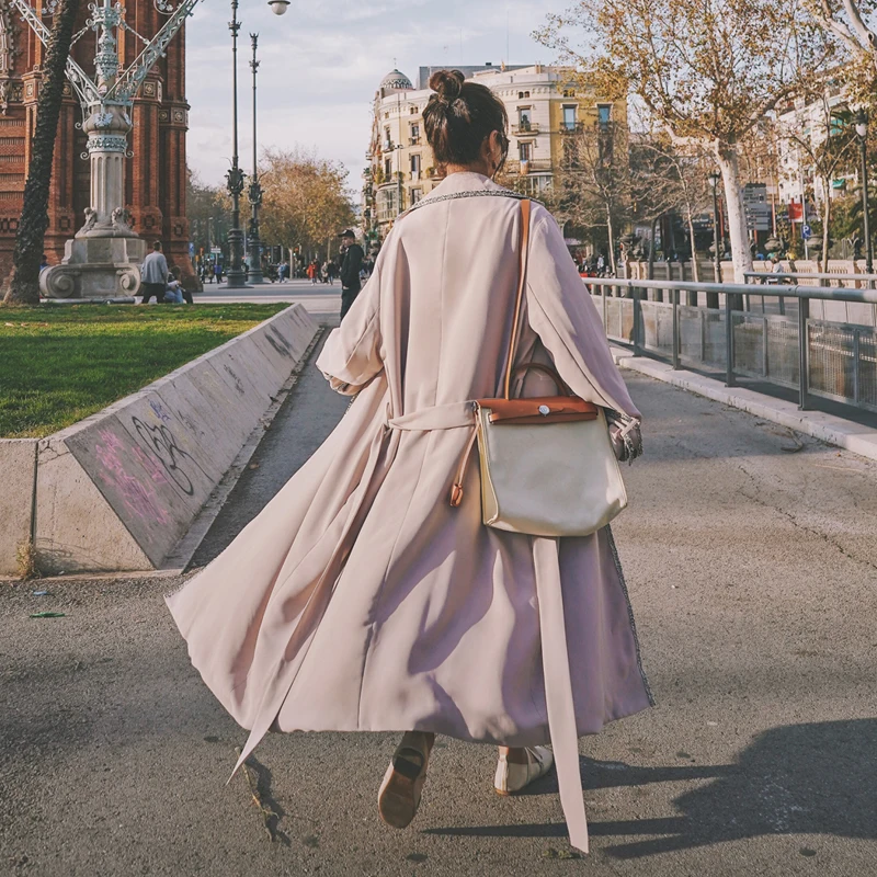 Women's side slit design long coat Fashion women's trench coat Double-breasted long trench coat One-piece cloak coat