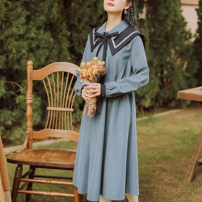 

Harajuku Sailor Collar Navy Dress Japanese Lolita Sweet Bow-knot Mori Girl Vintage Kawaii Preppy Style Long Sleeve Dress