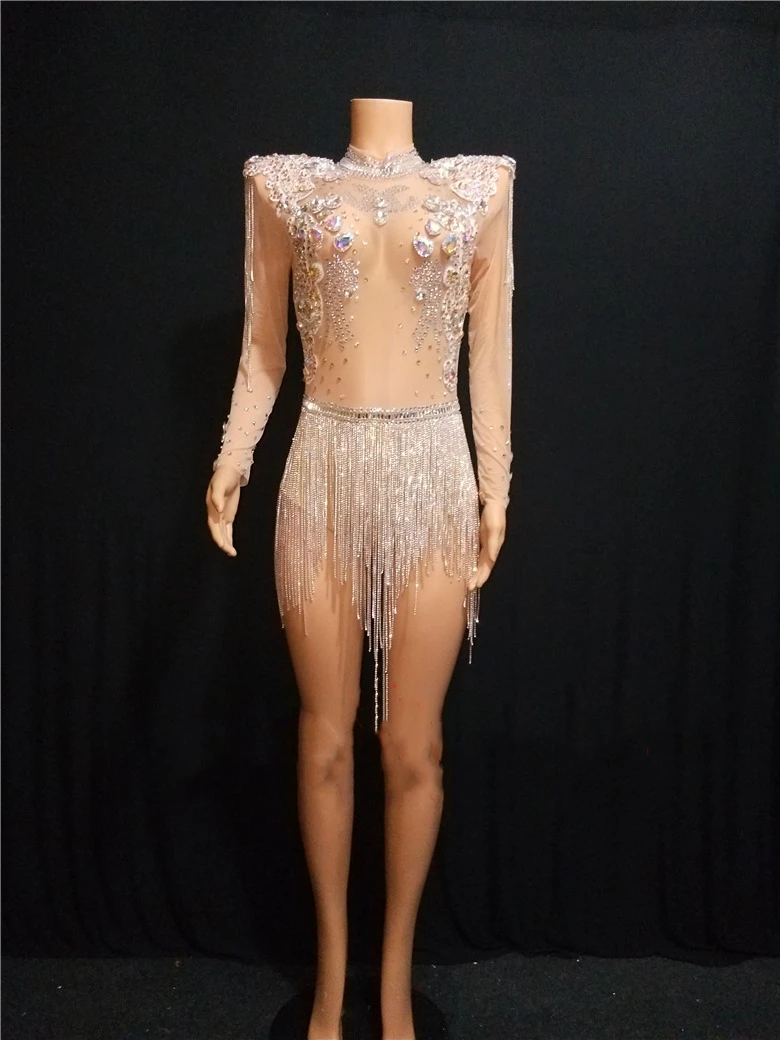 

Sparkly Rhinestone Fringes Party Nightclub Outfit Shining Big Crystals Mesh Sexy Bodysuit Singer Stage Performance Dance Costume