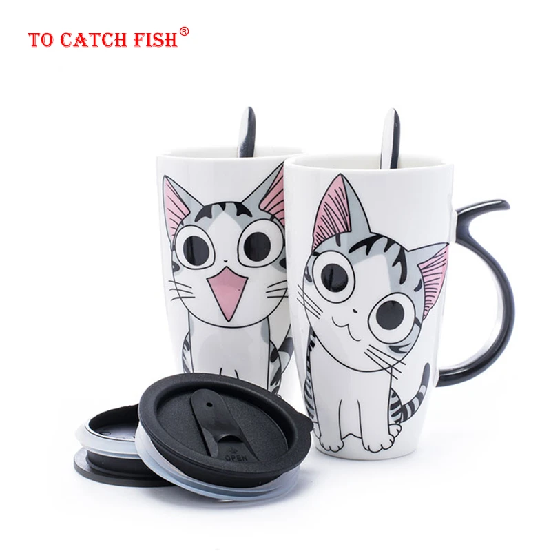 Creative Cat Mug Céramique Avec Couvercle Cuillère Cartoon Lait Tasse à Thé Porcelaine Mug Set
