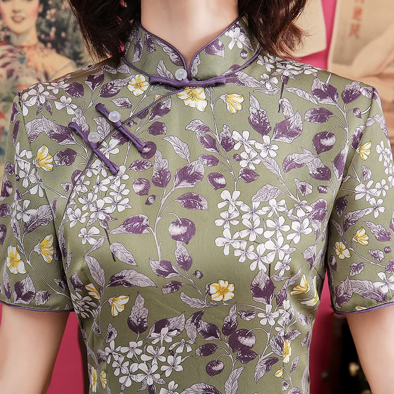 Sheng Coco Double Layer Cheongsam Chinese Retro Style Purple Flowers Pearl Pankou Stand Collar Dress Vintage 2020 Women Clothing