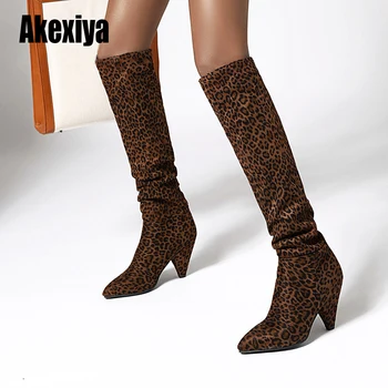 

Sexy Slim Fit Elastic Knee-High boots Women shoes 2020 Autumn Winter ladies Leopard pointed Toe Plus size 43 u118