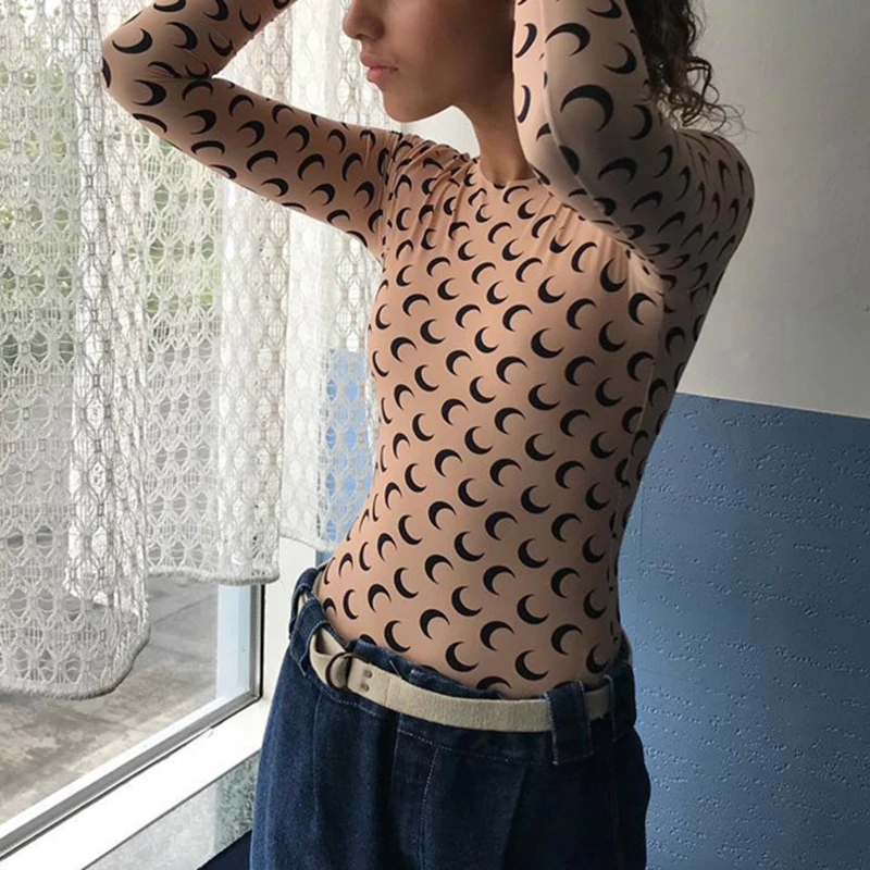 

Streetwear Women Bodysuit Female Skinny Moon Print Autumn Bodysuits Winter Sexy Slim Long Sleeve Autumn Rompers Body Mujer GV229