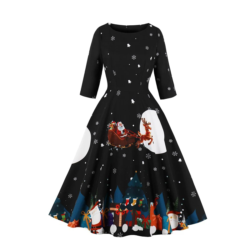 OTEN осеннее винтажное женское платье с рукавом до локтя Хэллоуин Тыква o-образным вырезом Рождество Снежинка плюс размер зимние Вечерние