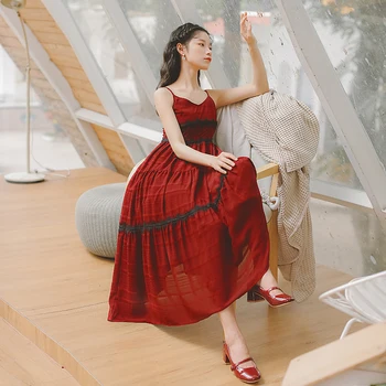 

COIGARSAM Lace Women dress Patchwork Spaghetti Strap V-Neck Dresses Red V8685139