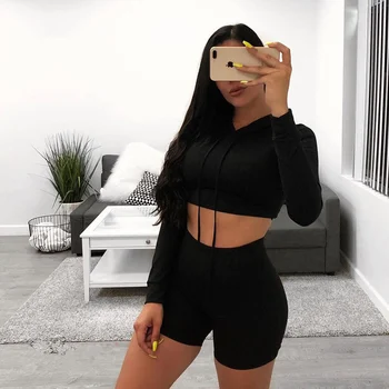 

Women’s Sports Two Piece Suits Outfits Fashion Casual Solid Color Long Sleeve Drawstring Hooded Pullover Top High Waist Shorts