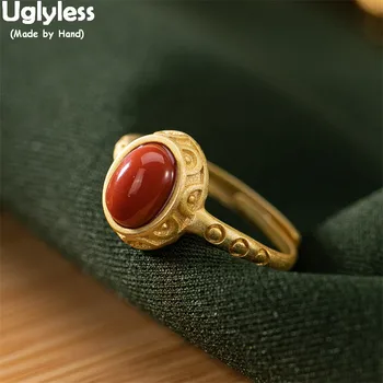 

Uglyless New Vintage Patterns Oval Gemstones Rings for Women Simple Fashion Agate Open Rings 925 Sterling Silver Vintage Jewelry