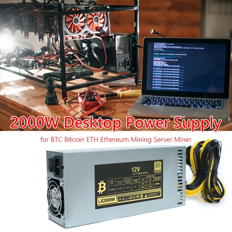 

For BTC Bitcoin Ethereum Server Miner Mining Rated Power 2000W Desktop ETH Power Supply Unit with High Efficiency 6Pin