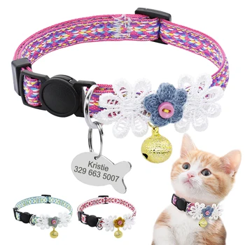 

Quick Release Cat Kitten Collar Personalized Pet ID Tag Collar With Bell Safety Adjustable Dog Accessories Flower For Small Cats