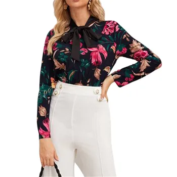 

Trendy Women clothes Bow Collar Long Sleeve Flower print Bodysuit casual slim Stretch Leotard Jumpsuit one pieces