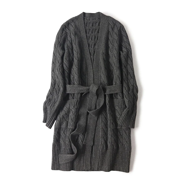 Aliaga чистый кашемировый кардиган пальто женский зимний кабель вязаный толстый v-образный вырез теплая верхняя одежда с карманом - Цвет: Dark Gray