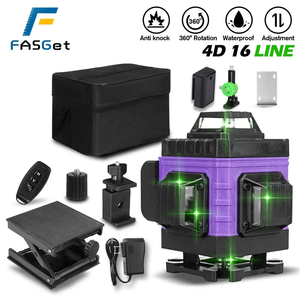 FASGet 16/12/8 Lines Professional Floor and Ceiling Remote Control 4D Green Line Laser Level with 4000mah Li-Ion Battery | Инструменты