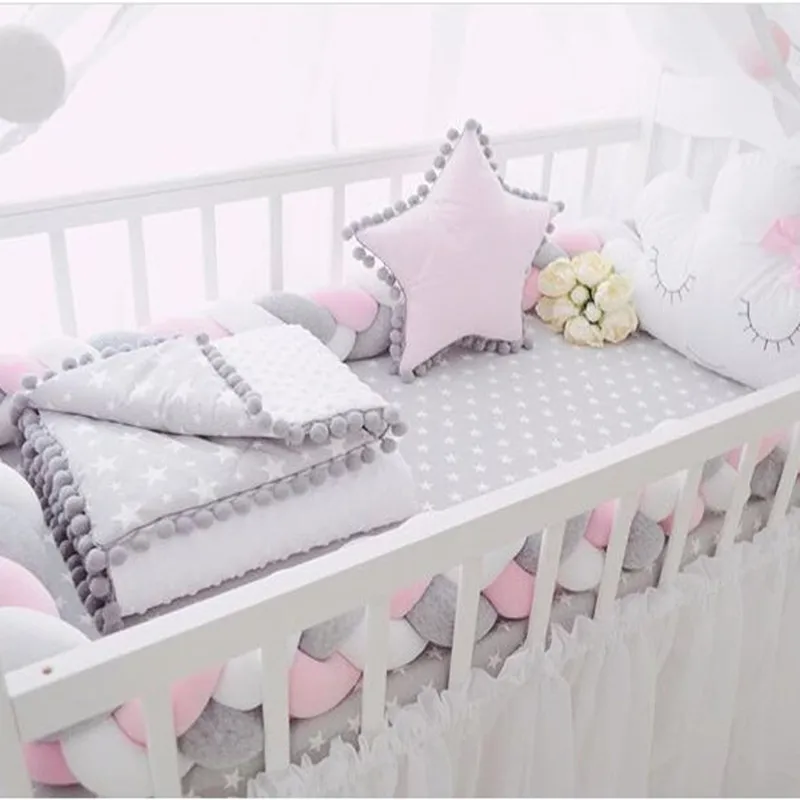 White + Blue + Gray, 100cm/39inch Baby Crib Bumper Cushion Plush Knot Pillow Babys Room Decoration DQMEN Braid Pillow 
