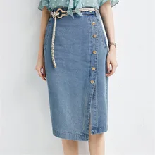 Пикантные джинсовые юбки с разрезом и высокой талией, дизайн, осенняя модная женская джинсовая юбка до колена с карманами и пуговицами, с поясом, DS50890