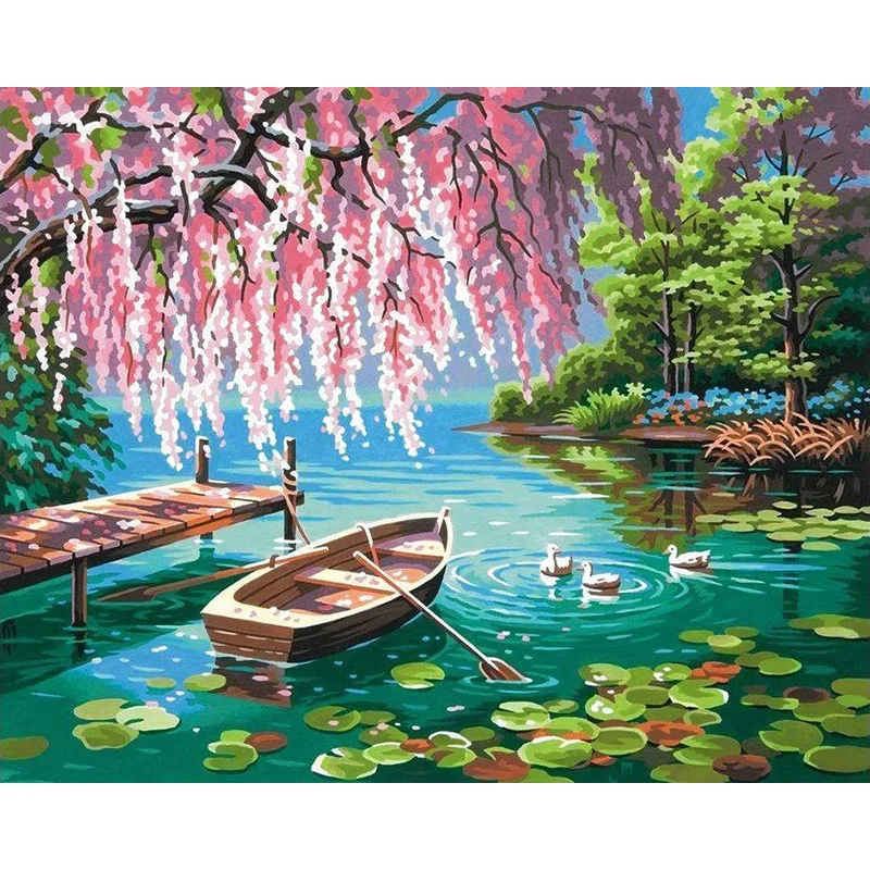 Boating Lake In Blossom Painting By Numbers Kit Boating Lake In Blossom Painting By Numbers Kit