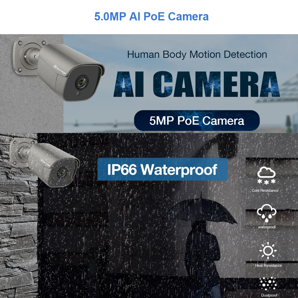  Techage H.265 4CH 5MP POE NVR Kit CCTV System Two Way Audio Alarm Sound AI IP Camera IR Outdoor Vid - 32778137172