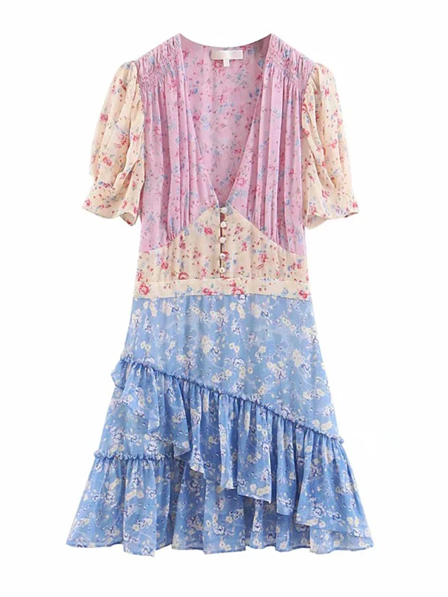 Boho шикарное Смешанное Платье с принтом пышные рукава v-образным вырезом платья гофрированное дно хиппи мини платье Женская одежда летние платья