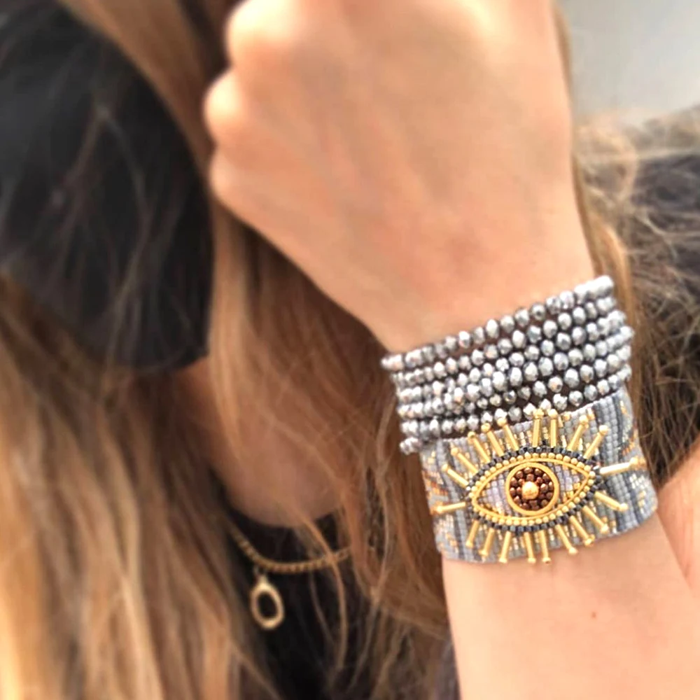 

Go2boho индейский браслет со сглаза для женщин Miyuki серый Набор браслетов с зеленым глазом Многослойные Кристальные ювелирные изделия из бисера