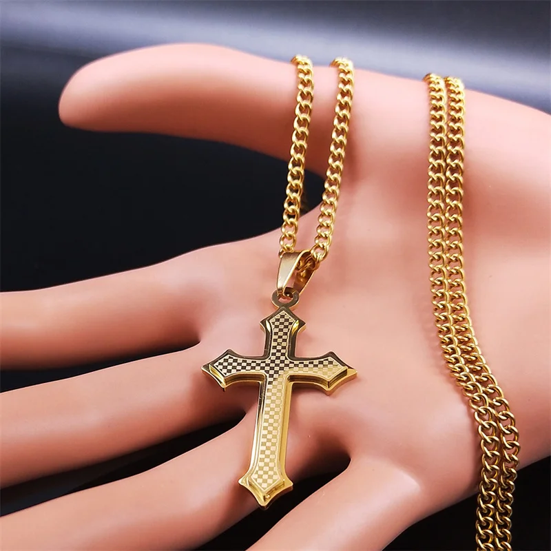 Collier Acier Inoxydable Flongo - Pendentif Croix Clouté, Chaîne 56 Cm, Coloris Or Noir Argent