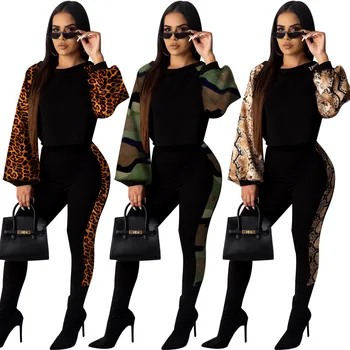 

Autumn Winter Women Two Piece Set Top and Pants Plus Size Tracksuit Sweatsuit Outfit Leopard Camouflage Snake Print Active Sets
