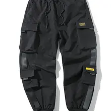 Pantalones Cargo de harén con bolsillos laterales para hombre, pantalón negro de Hip-Hop, informal, a la moda, ropa de calle, 2020 cintas