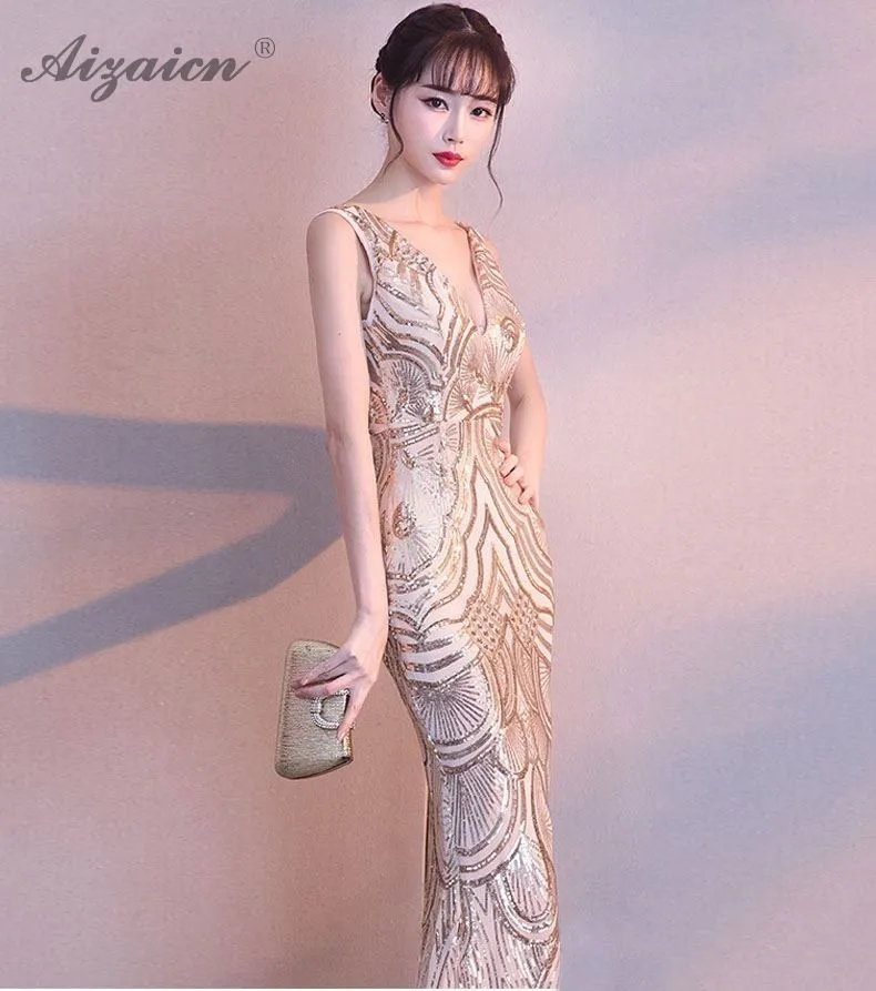 Модное сексуальное длинное Cheongsam с блестками, современное китайское винтажное платье с глубоким v-образным вырезом Qi Pao, женское китайское вечернее китайское платье-Ципао, тонкий халат