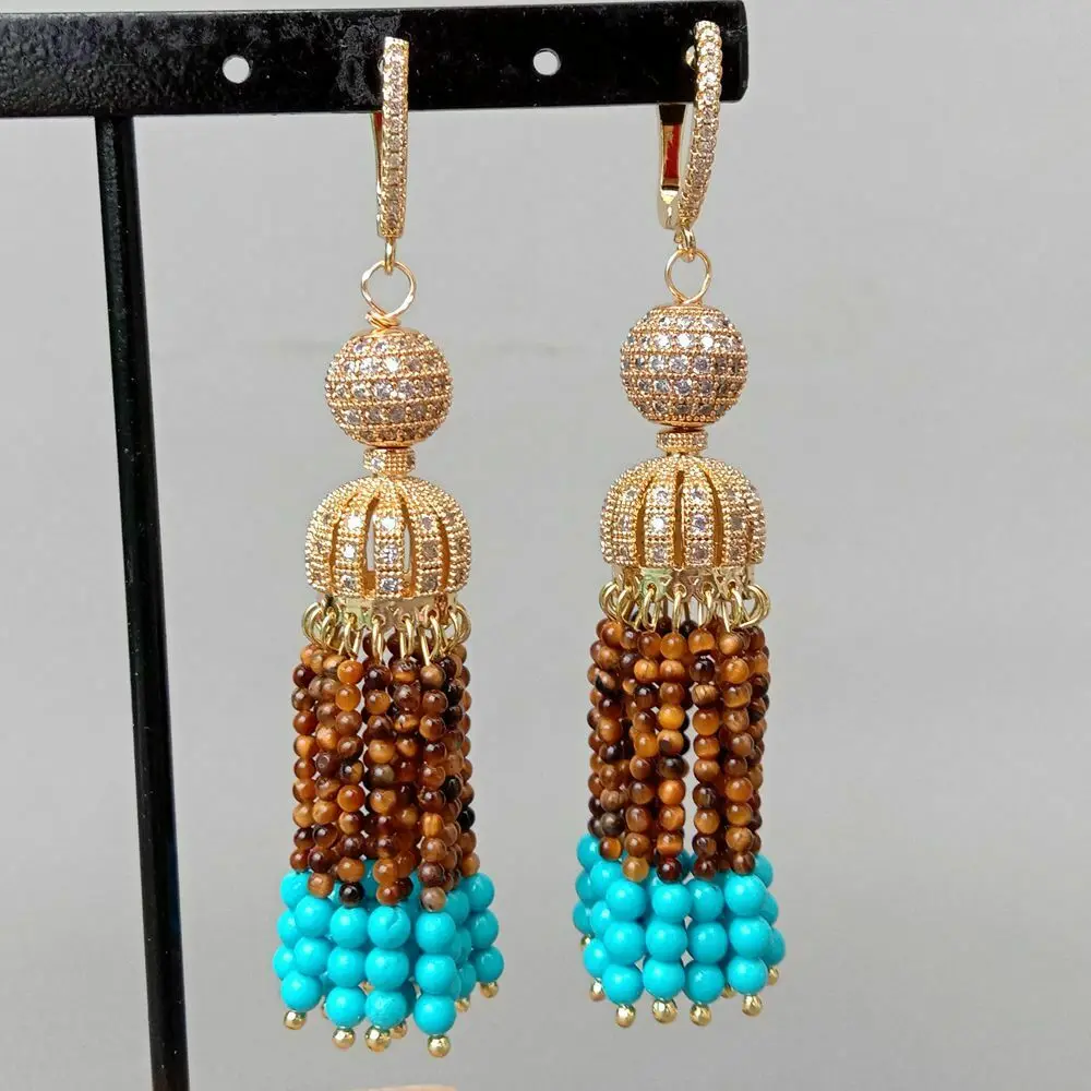 

yellow Tiger Eye Blue T1urquoise Cz pave Cap Leverback Earrings