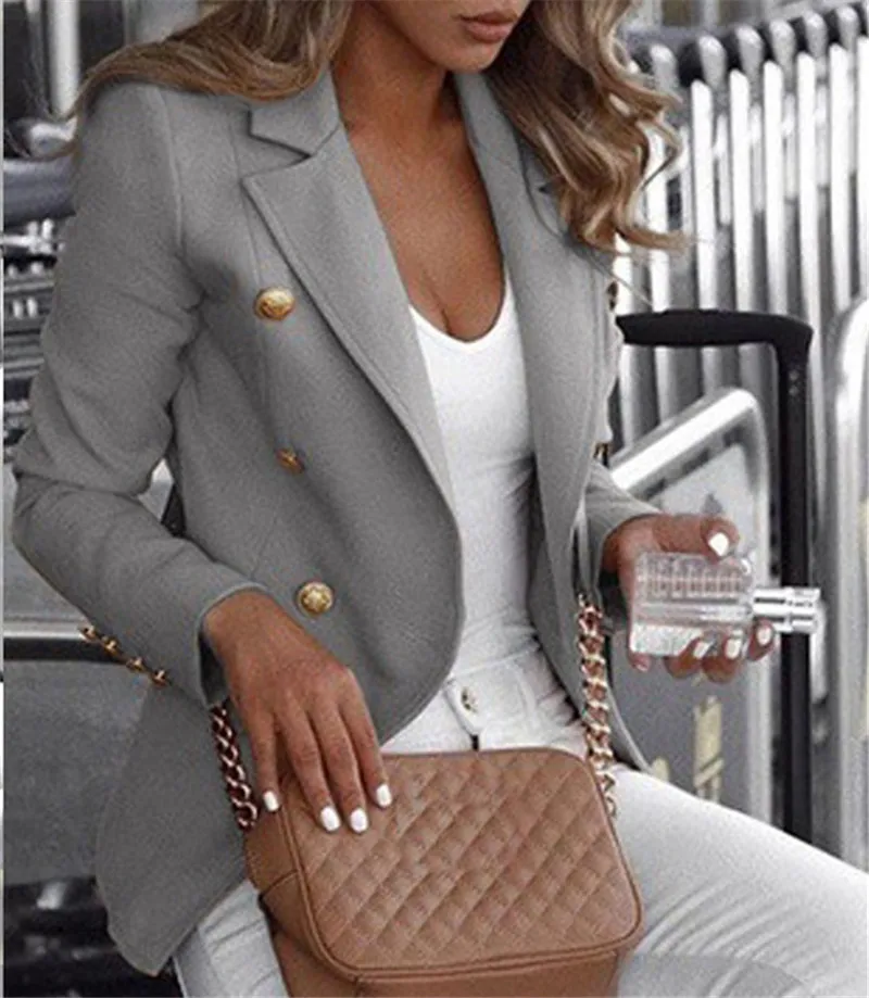Женская осенне-зимняя одежда деловой пиджак плюс размер 4XL Повседневная Veste Femme тонкая на кнопках женская с лацканами Feminino роскошное пальто - Цвет: Серый