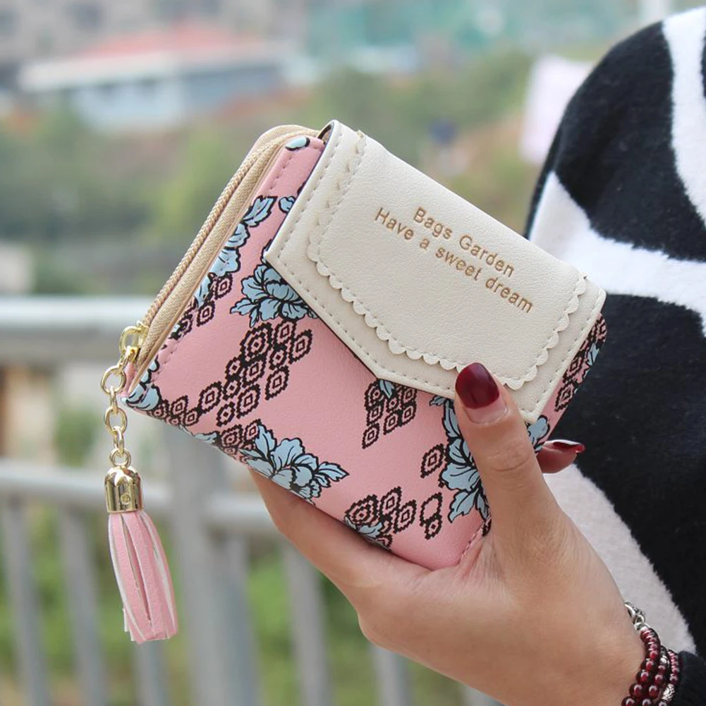 

Coin Purse Space Saving Square Women Wallet Printed Gift Storage Casual Button Foldable Card Holder Handheld Short Portable