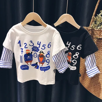 

Baby T-Shirt Clothes Fake Two Piece Spring Cartoon Digital Cotton Style Solid Long Sleeve Casual Fashion Baby Top Clothes