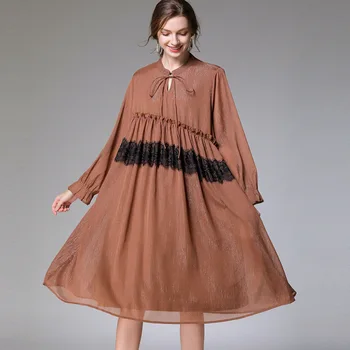 

Women's 2020 New Spring Loose Flicker Chiffon Dresses Fashion Lace-up Lace Splic Flare Sleeve Mid-length Dress Big Size 5XL