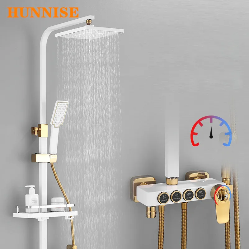 

Bathroom Shower Set Thermostatic Bath Shower Mixer Set Quality Brass Bathtub Faucets Rainfall Shower Head White Shower Set