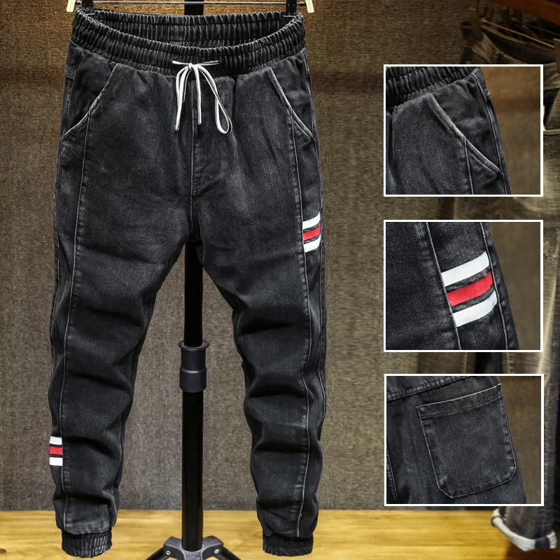 Reviews Men's Jeans Black Streetwear Waist tie Pants Jeans Men Slim Fit Cargo Pants Homme Plus size pants Oversized pants 5XL 6XL 7XL