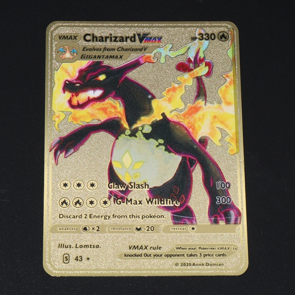 Pokemon Iron Shiny Cards English Charizard Mewtwo Pikachu Metal Cards Vmax Metal Gold Pack Game Collection Cards Gift Kids