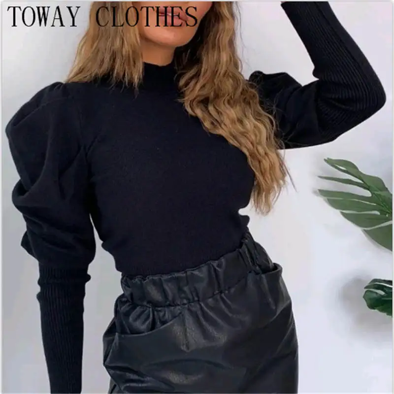 

Solid Puff Sleeve Mock Neck Casual Sweater Women Long Sleeve Autumn Pullover Sweater Tops
