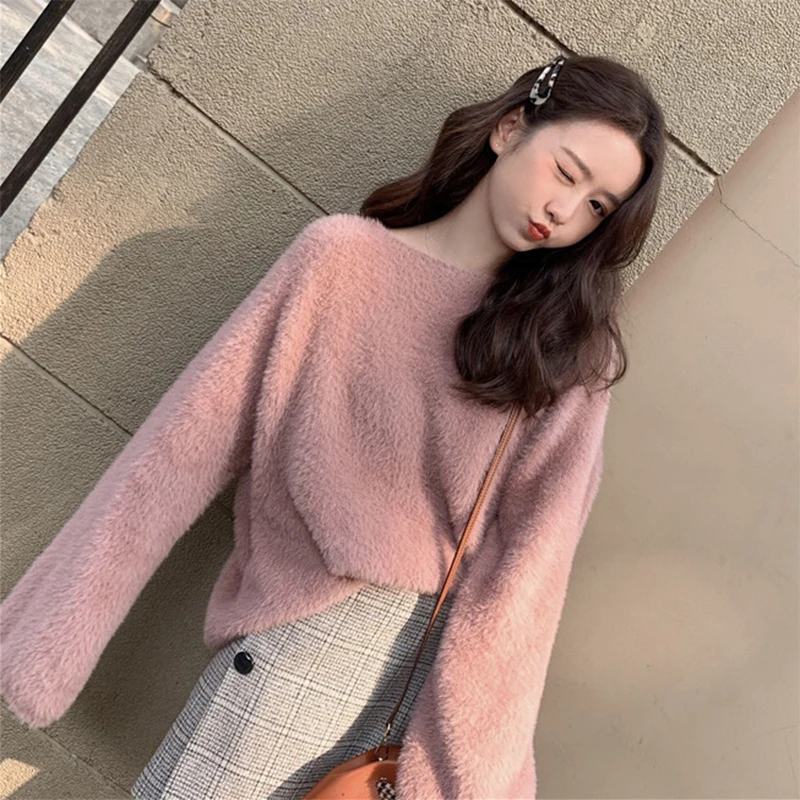 

New Winter Sweater Women Long Sleeve Casual Loose Thick Pullovers sweaters Female Solid Mohair Sweater Dx056
